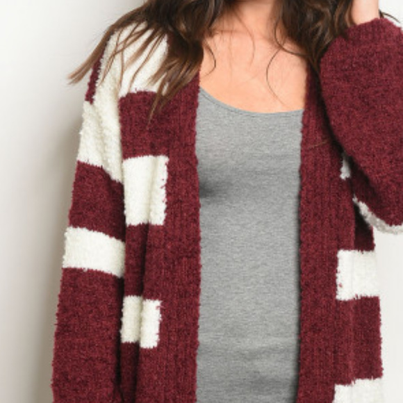 SWEATER BURGUNDY AND CREAM STRIPED CARDIGAN - Picture 4 of 6